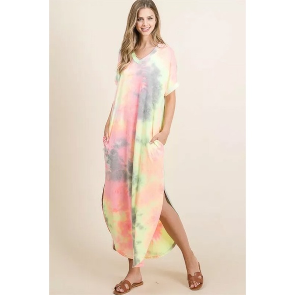 SOLD OUT CLEARANCE Neon Tie Dye Pocket Short Sleeve Long Maxi Dress - Picture 4 of 7